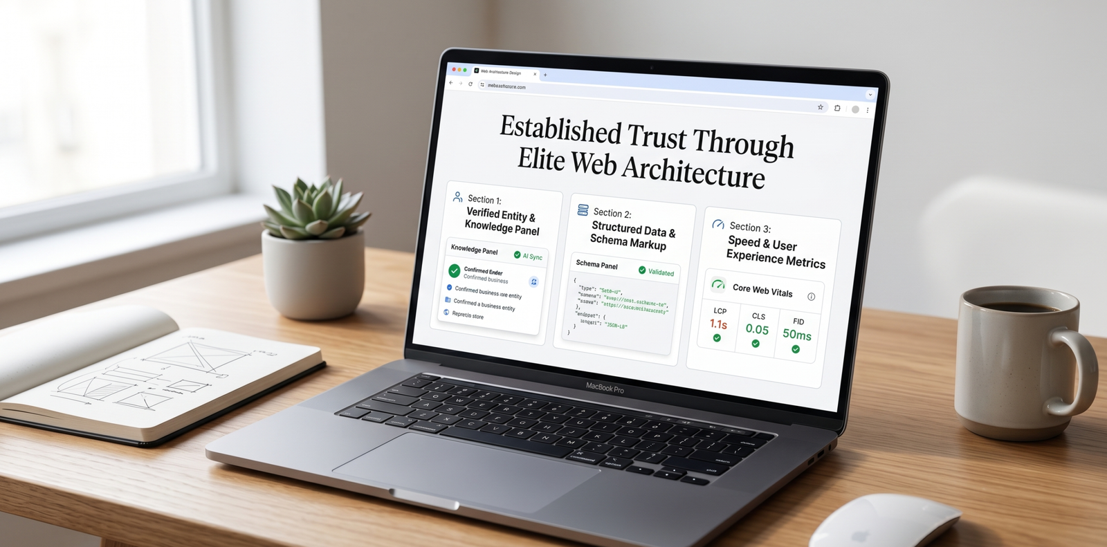 A realistic photograph of a premium laptop displaying an established trust page through elite web architecture, with a confirmed business entity and schema validation indicators.