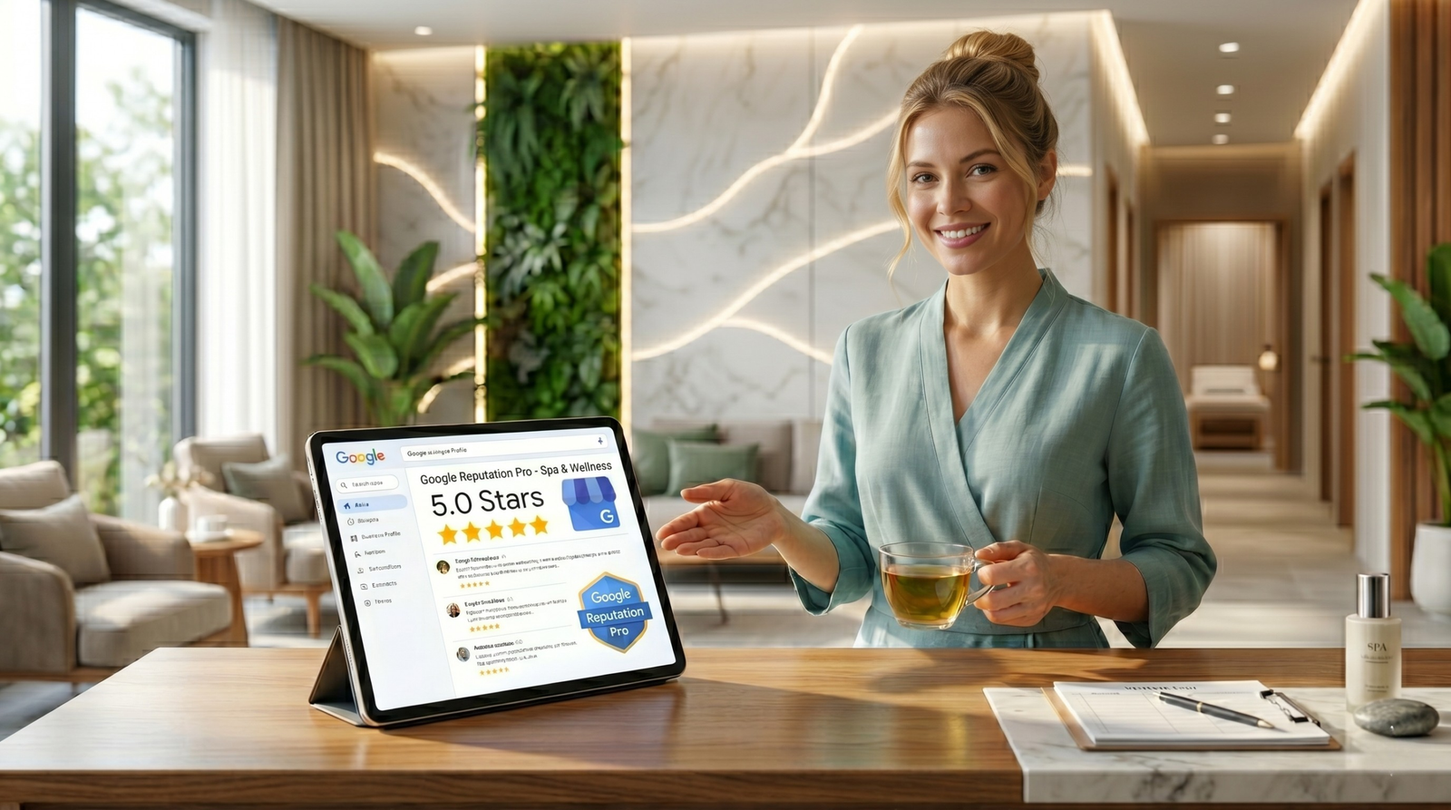 An American spa receptionist presenting a 5-star Google review dashboard managed by Google Reputation Pro