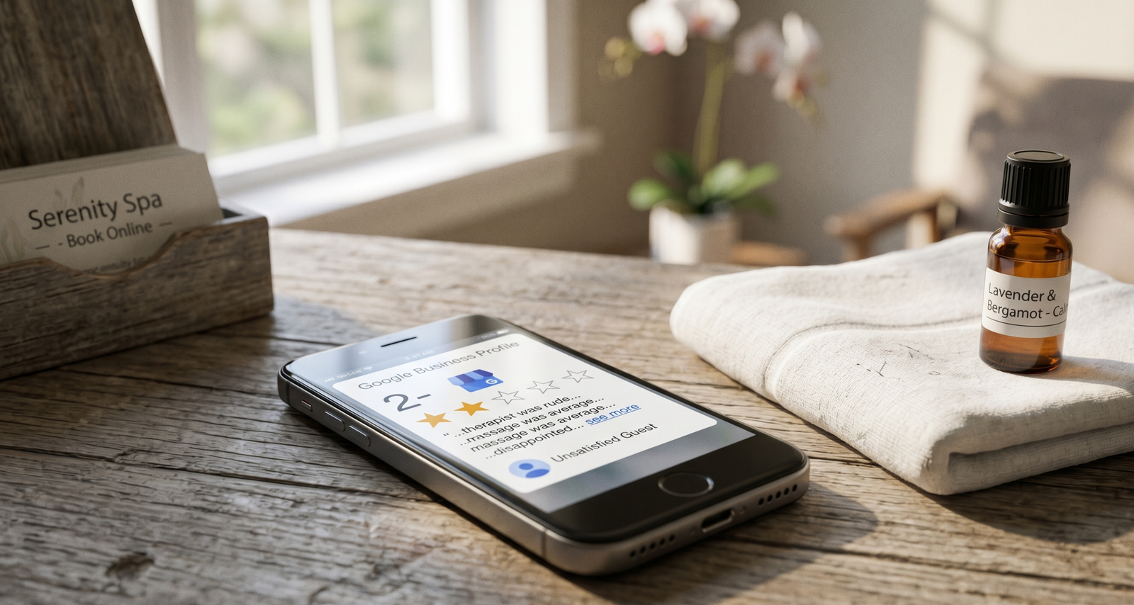 A smartphone screen displaying a negative Google review on a day spa reception desk