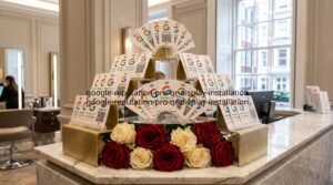 A luxury multitiery curated installation of Google Reputation Pro smart QR display cards fanned geometrically over roses at a premium Westminster salon reception desk.