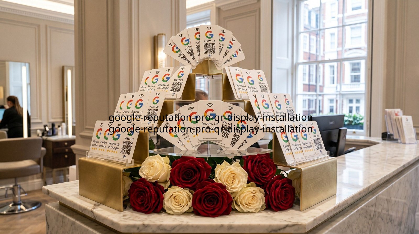 A luxury multitiery curated installation of Google Reputation Pro smart QR display cards fanned geometrically over roses at a premium Westminster salon reception desk.