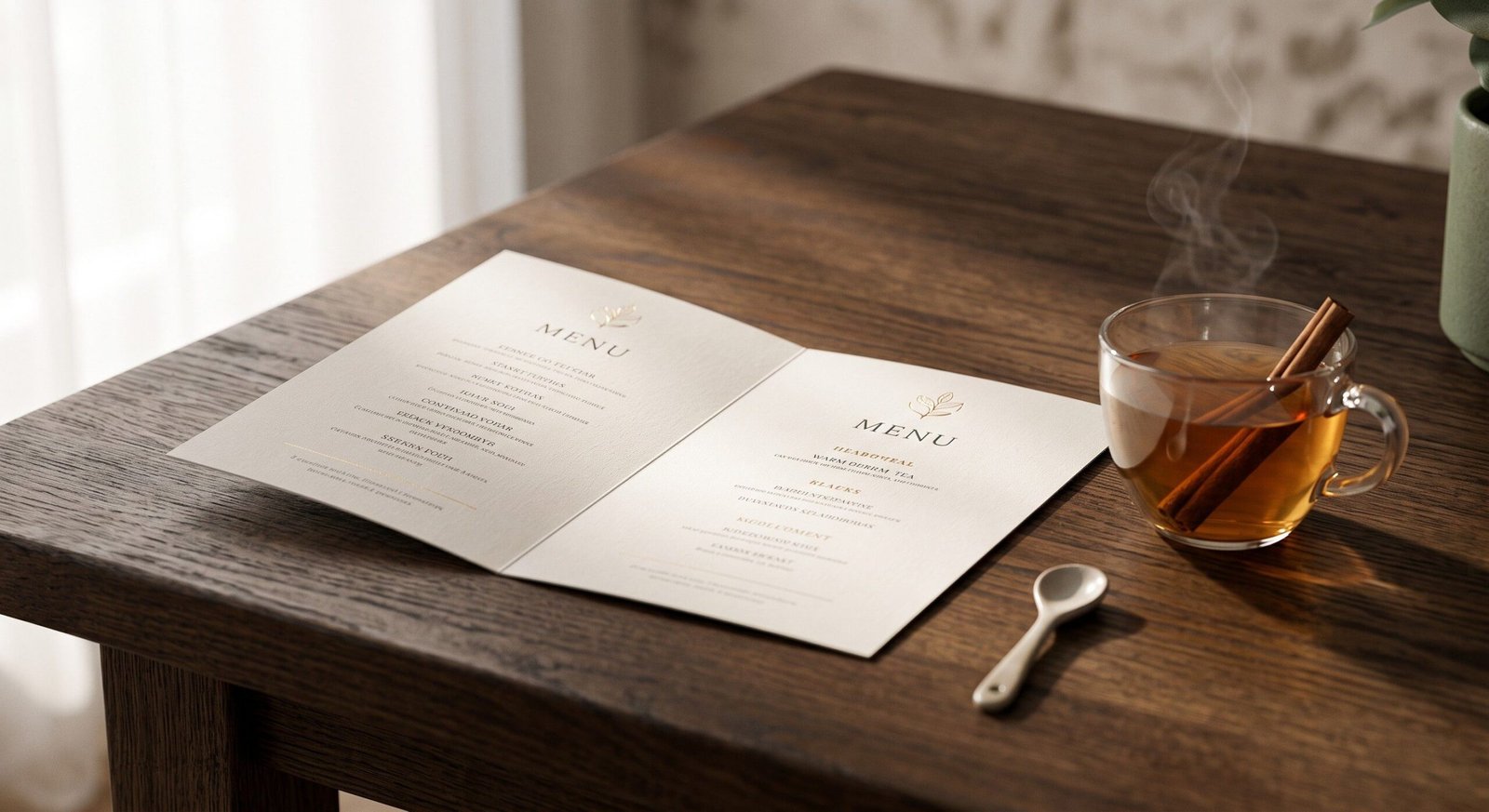 A premium photorealistic still life of a luxury salon menu and welcome tea representing định vị thương hiệu tiệm nail.