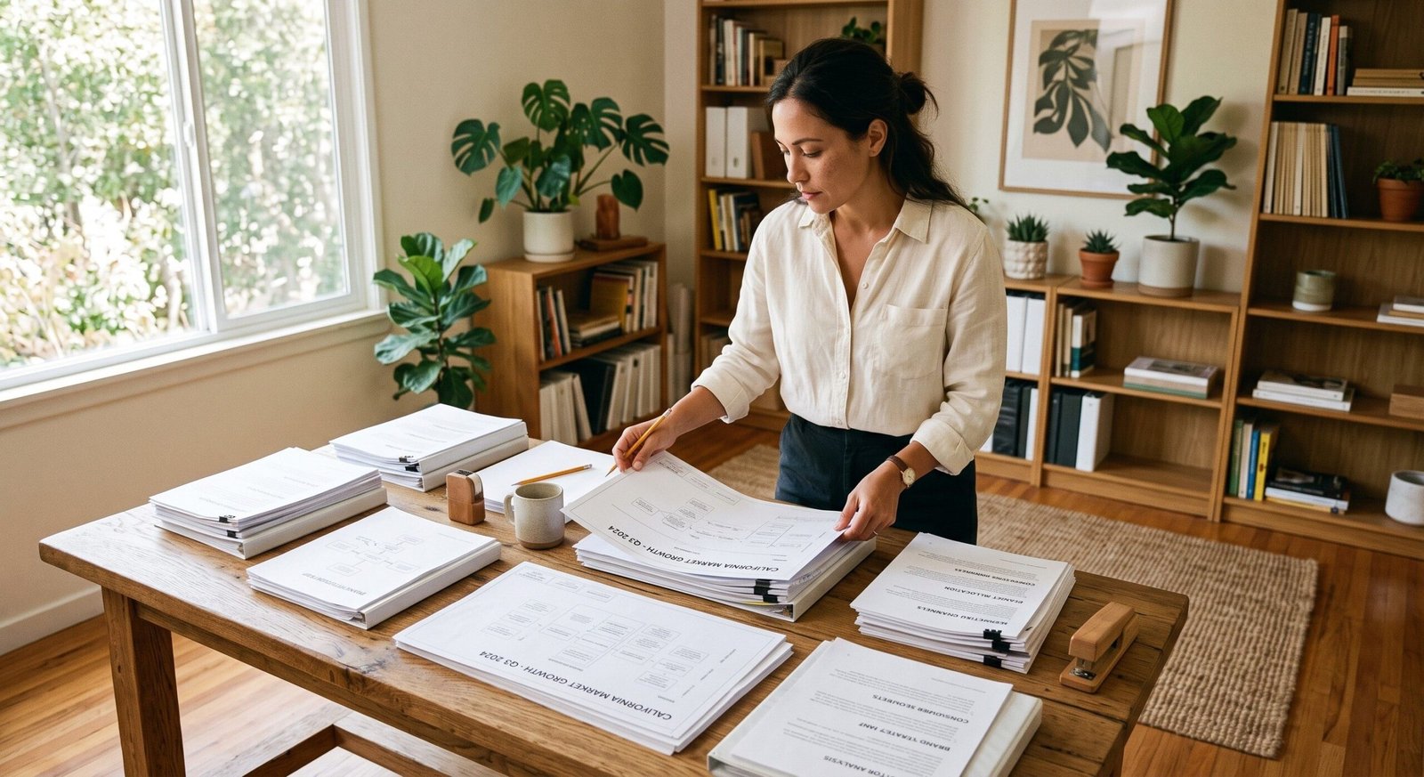 A small business owner organizing data sheets for a DIY SEO Orange County project.