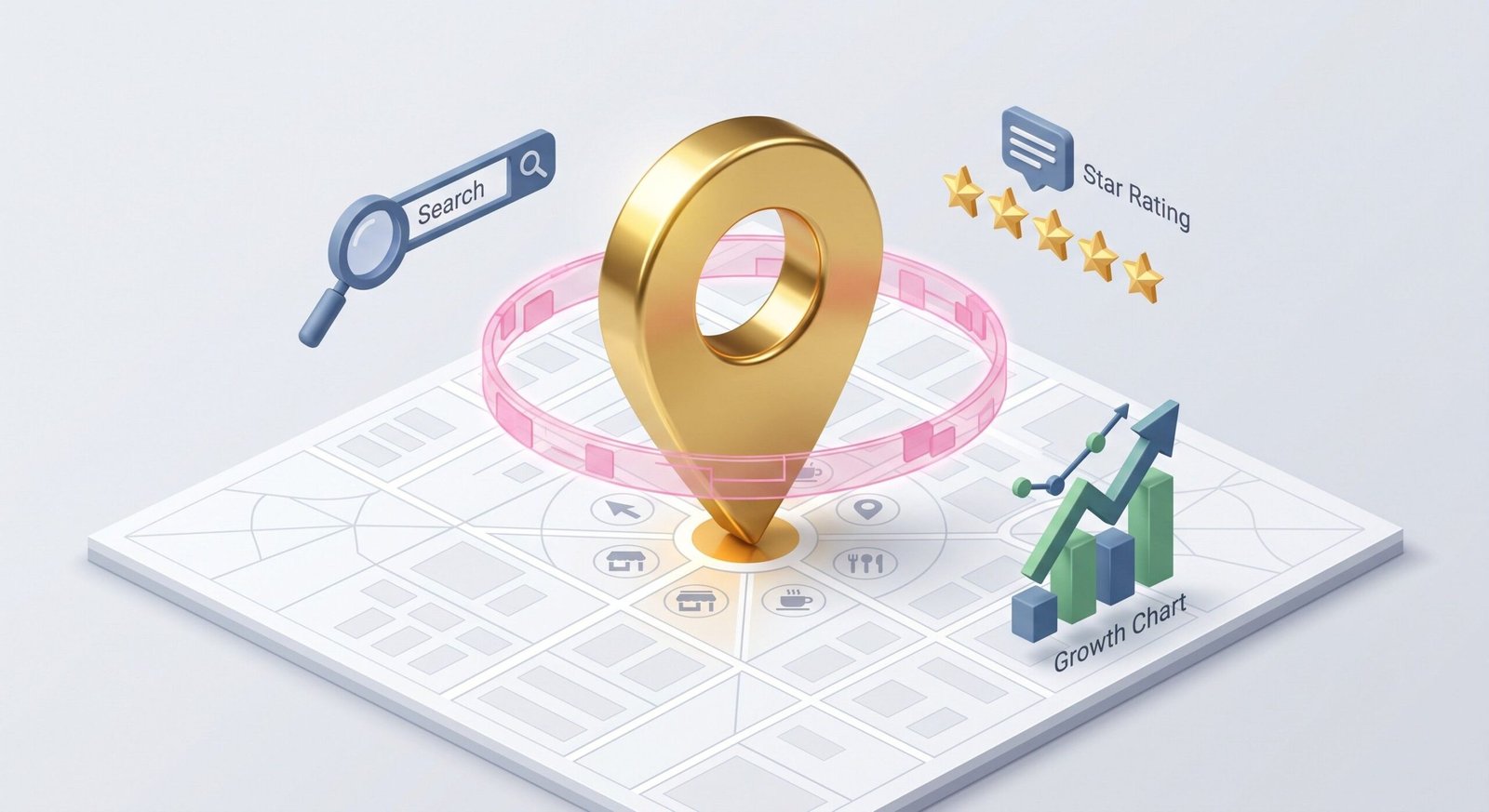 A premium 3D vector artwork depicting a local map search and grand opening marketing optimization.