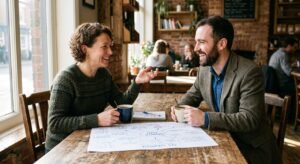 A local business owner building trust with a dedicated marketing consultant Brookhurst st over a coffee meeting.