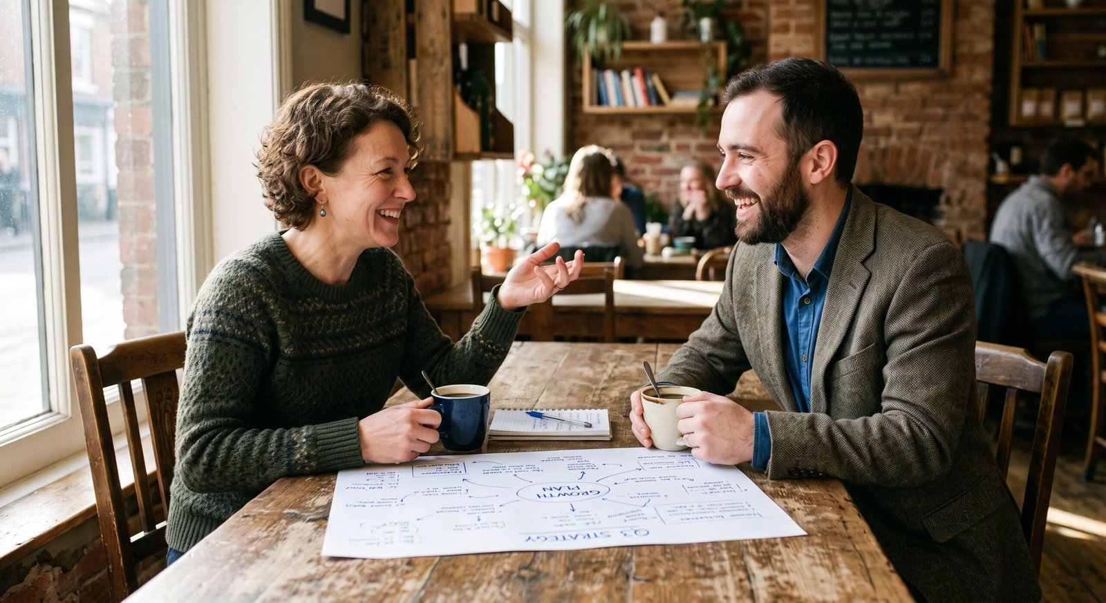 A local business owner building trust with a dedicated marketing consultant Brookhurst st over a coffee meeting.