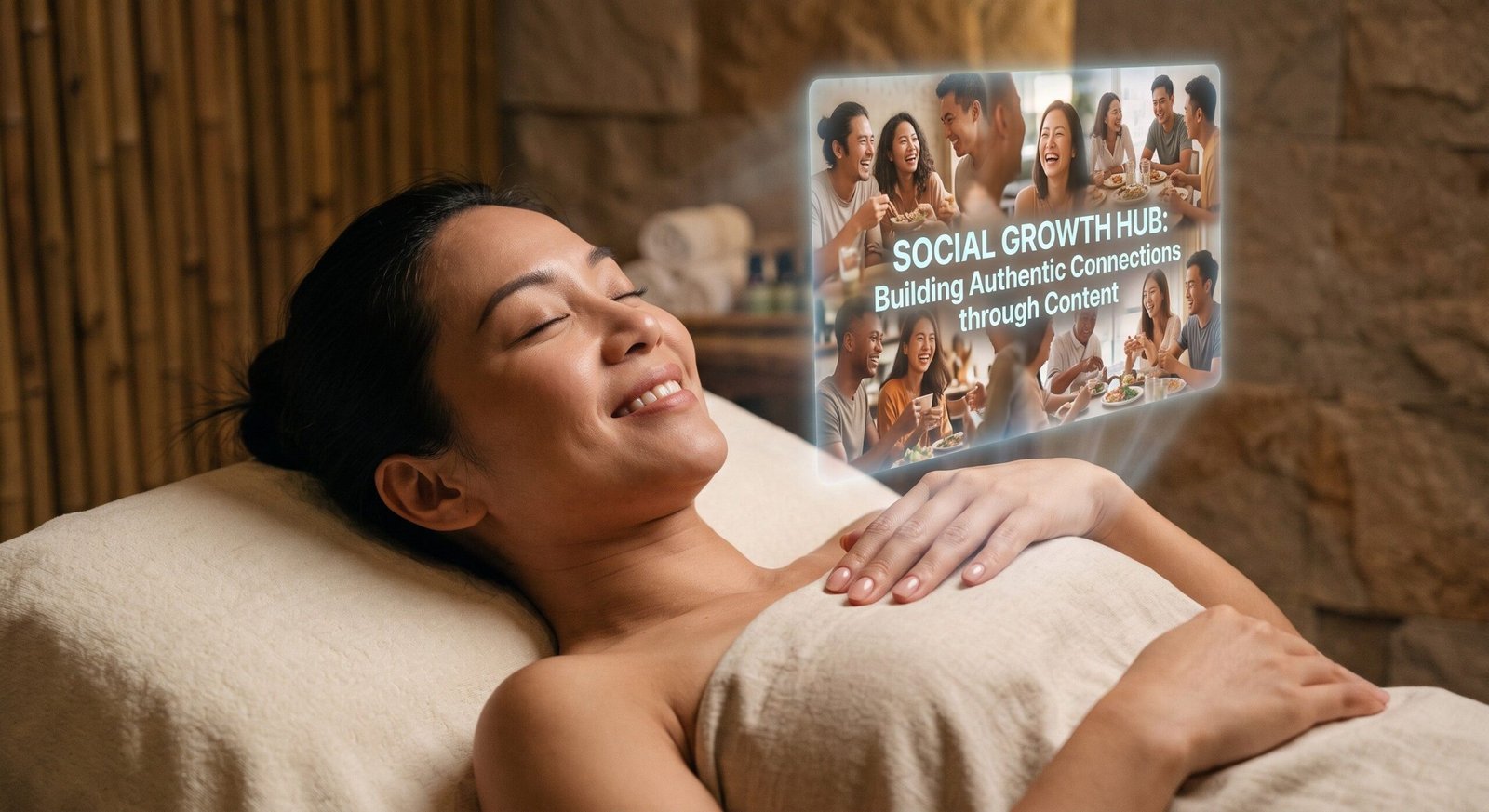 The emotional impact of short-form video marketing on a spa client without visible devices.